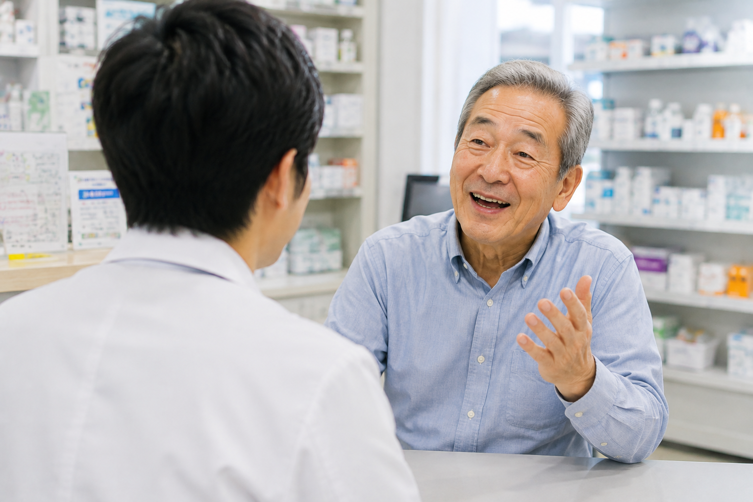 患者さんが薬剤師に服薬について得意げに話す場面